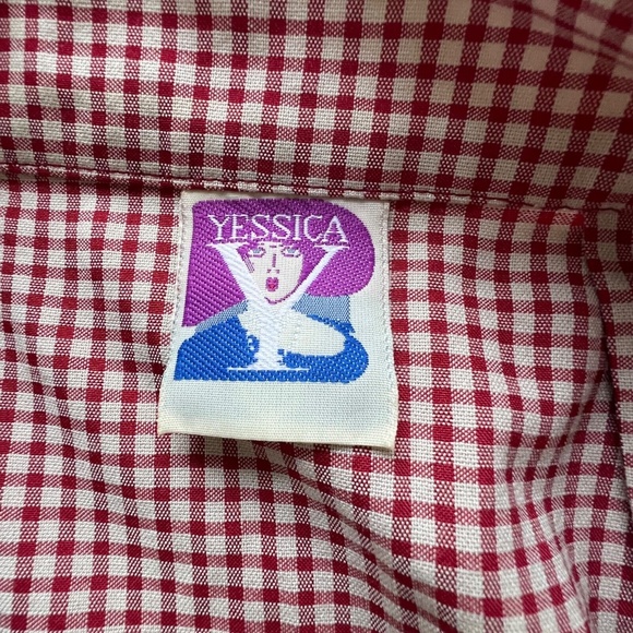 YESSICA Skirt Full Pleated Midi Red Cream Check Sz 42 Button Up Pockets Vintage - Picture 6 of 7